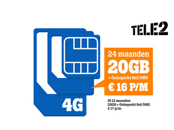 Voucher: Tele2 SimOnly | 20GB | Onbep. Bel/SMS | €16/mnd